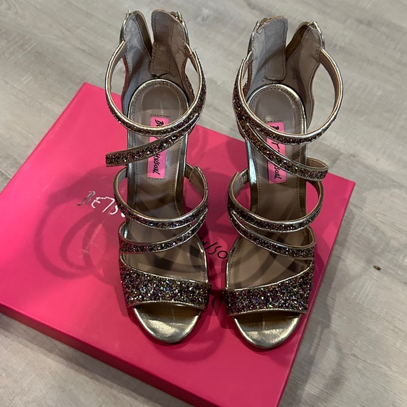 Betsey Johnson Izzy Gold Glitter Strappy Heels - Picture 1 of 7